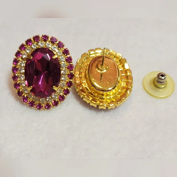 Fuchsia Pink & Gold Sparkly Earrings - Vintage - Pierced - Picture 3 of 3